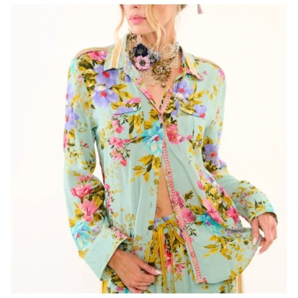 Aratta Silent Journey Floral Button Down Sage Green Tunic Fringe Boho Top Large - Picture 1 of 10